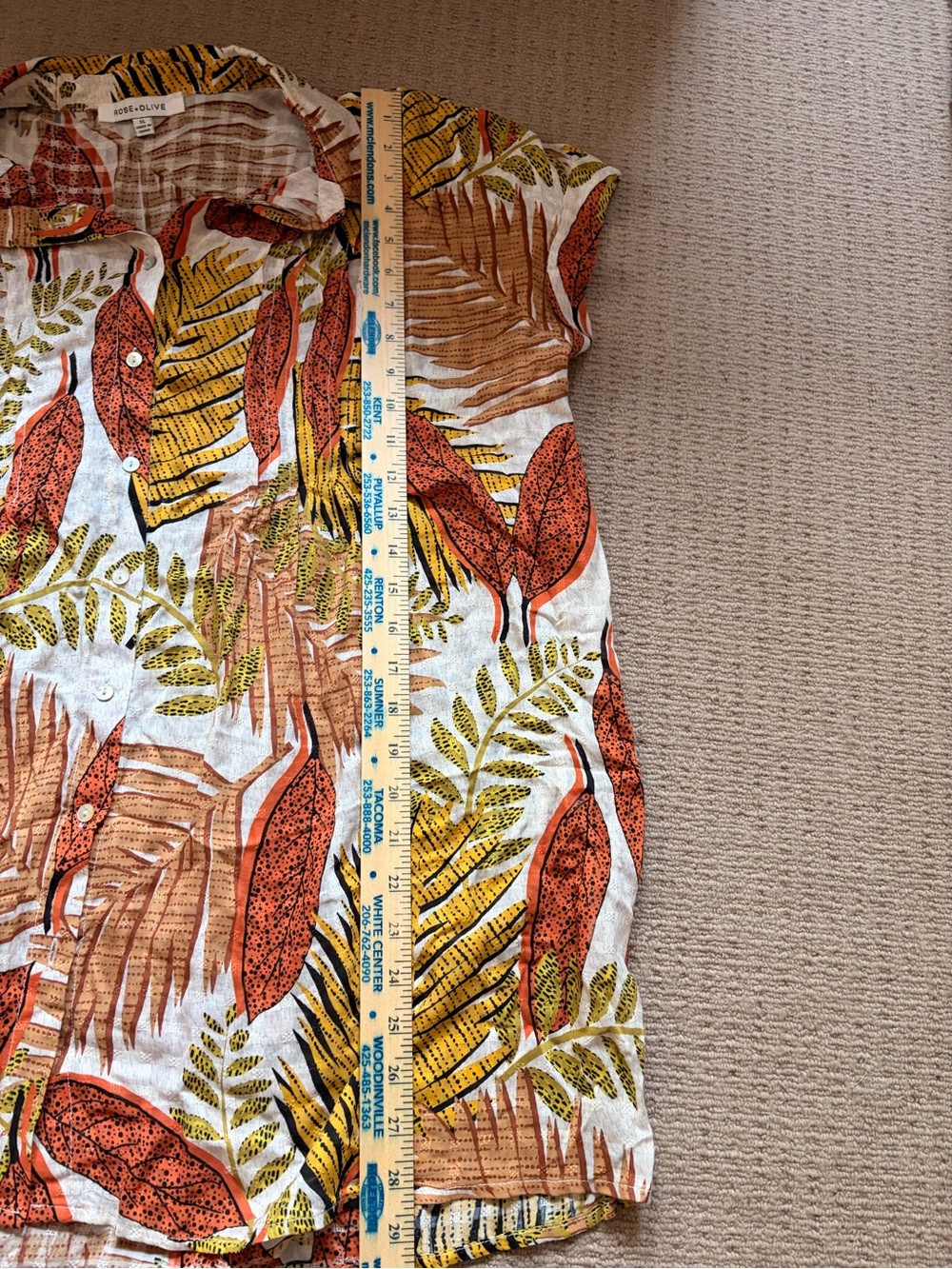 Rose & Olive Tropical Leaf Short Sleeve Button-Down in Rust, Yellow & White - Picture 4 of 5